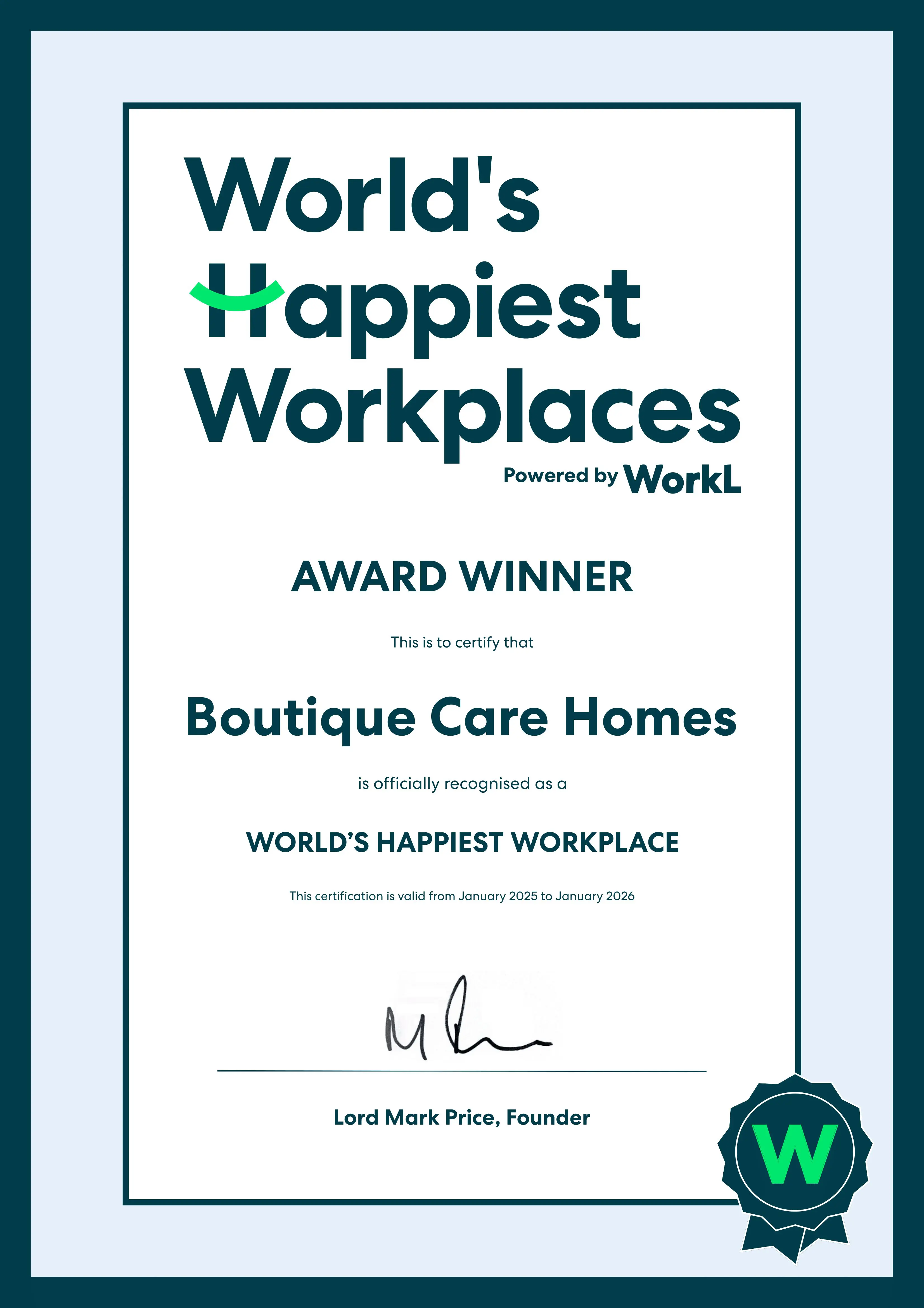 Boutique Care Homes Recognised Amongst the World’s Happiest Workplaces